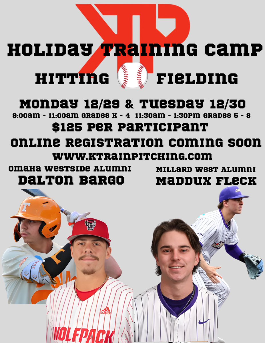 Camp ran by 2 current D1 baseball players. 
Dalton Bargo
- NC State Baseball 
- Tennessee/Missouri
- National Champion 
- SEC Champion 
- Appalachian League All-Star 
Maddux Fleck 
- James Madison University 
- Johnson County/Creighton 
- Junior College World Series Participant
