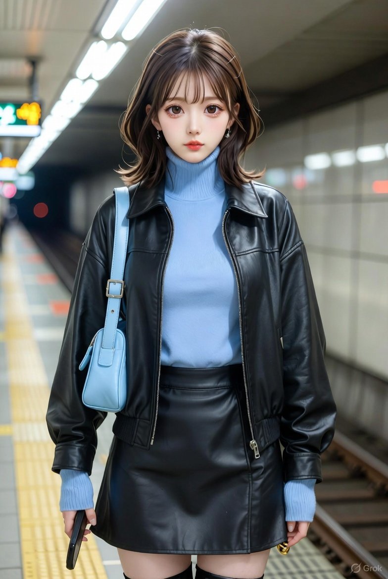 leatherstorage's tweet image. レザーのライダースジャケットとミニスカートのコーディネートです。タートルネックニットとバッグはアイスブルーにしました。
#GrokAI #Grok画像 #AIart