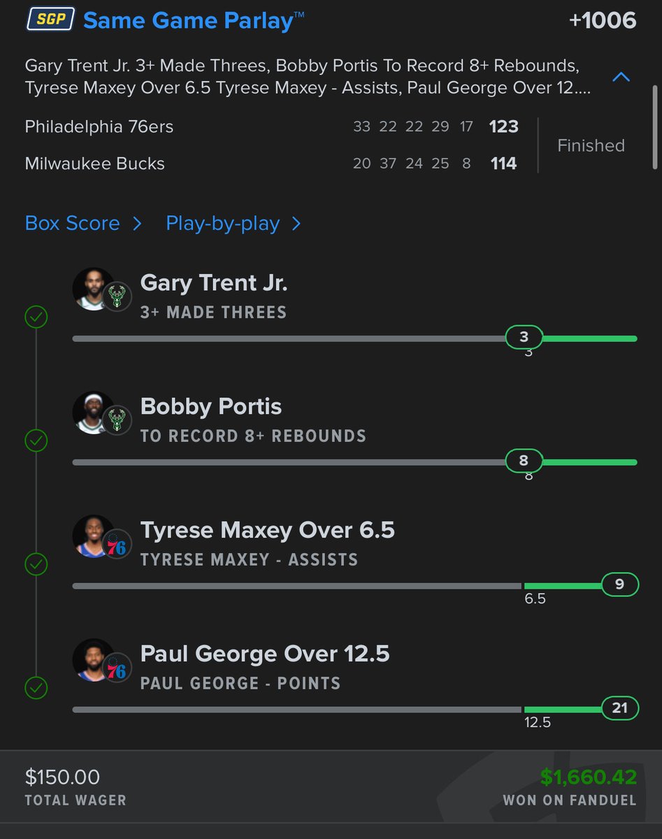 Cash the Sixers/Bucks sgp 💰 

+1006 ✅ ✅ 

50% off with code “nba2025” at checkout ⬇️ 

Whop.com/larrys-lounge