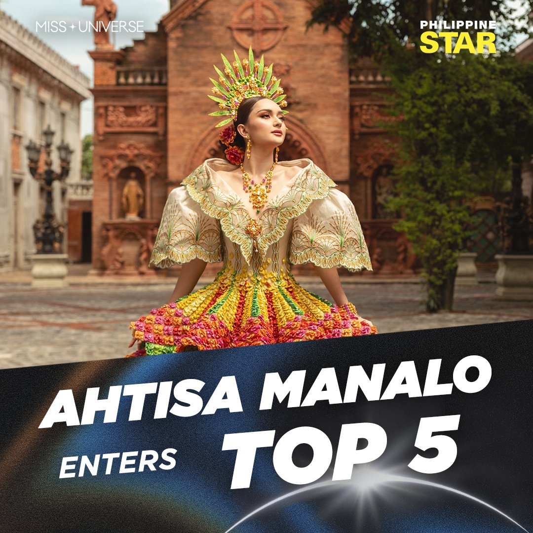 PhilippineStar's tweet image. AHTISA ENTERS TOP 5! 

She’s getting closer! Ahtisa Manalo enters the Top 5 at #MissUniverse2025! Pilipinas, kapit!