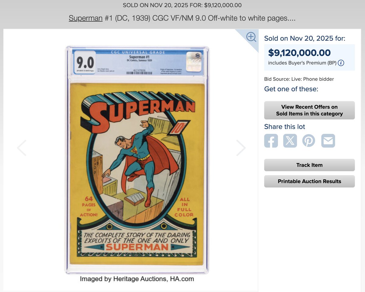 The highest graded copy of Superman #1 ever, found by 3 brothers in their late mother’s basement just sold for $9.1M - an ATH for any comic book.

Scarcity, nostalgia, and cultural weight have always anchored true stores of value. 

My bet stays here.