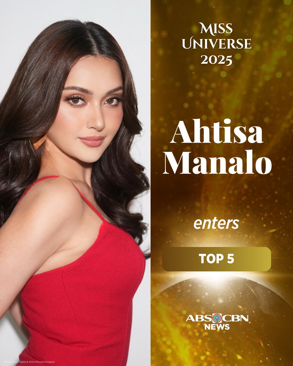 ABSCBNNews's tweet image. AHTISA ENTERS TOP 5
 
Ahtisa Manalo still has the chance to be crowned as the next #MissUniverse2025 as she enters the top 5 list.