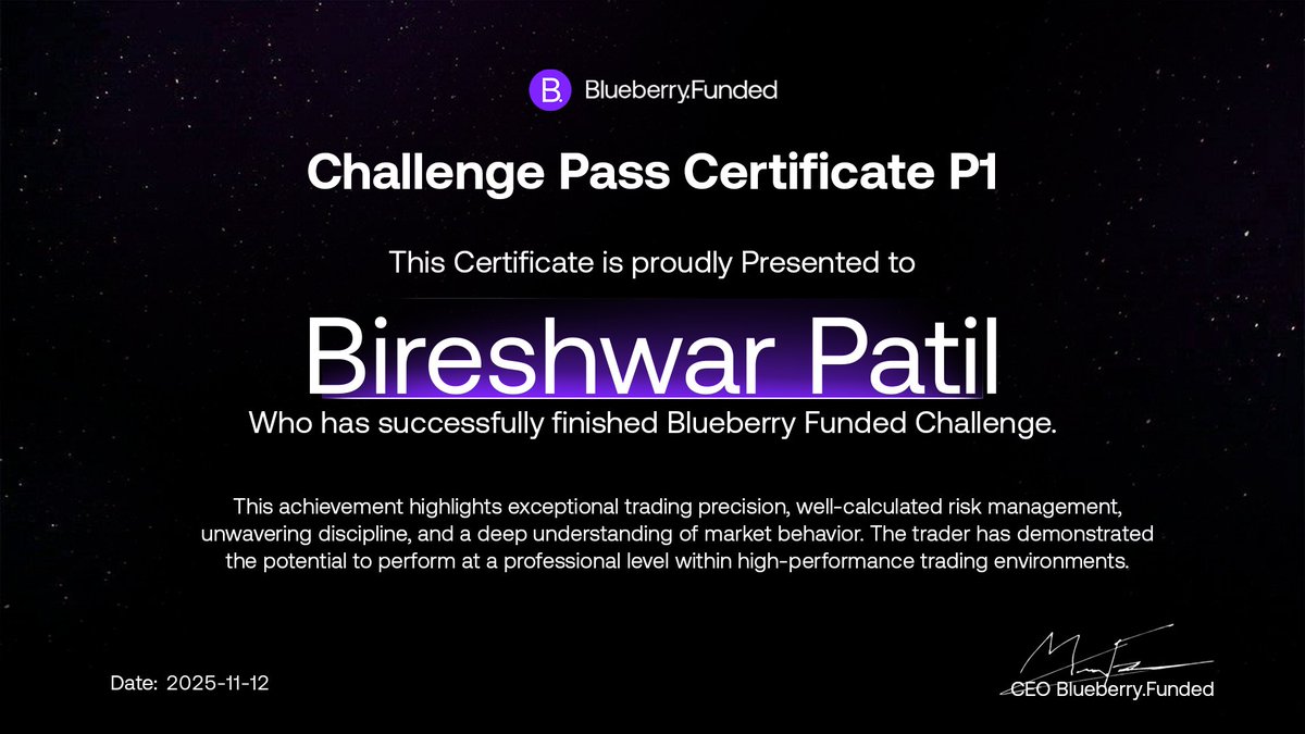 bireshwarpatil's tweet image. Stayed patient. Passed Step 1 and Step 2 of the Blueberry Funded Challenge. Now holding a $100K funded account. Next goal: grow, learn, and stay consistent. 🚀#blueberryfunded