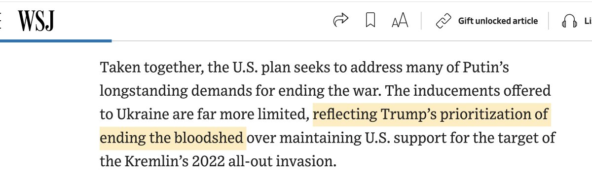 aaronjmate's tweet image. According to the WSJ, Trump&apos;s peace plan reflects &quot;Trump’s prioritization of ending the bloodshed over maintaining U.S. support for the target of the Kremlin’s 2022 all-out invasion.&quot;

Correct. Unlike the bipartisan Biden policy, this new peace plan prioritizes ending the…