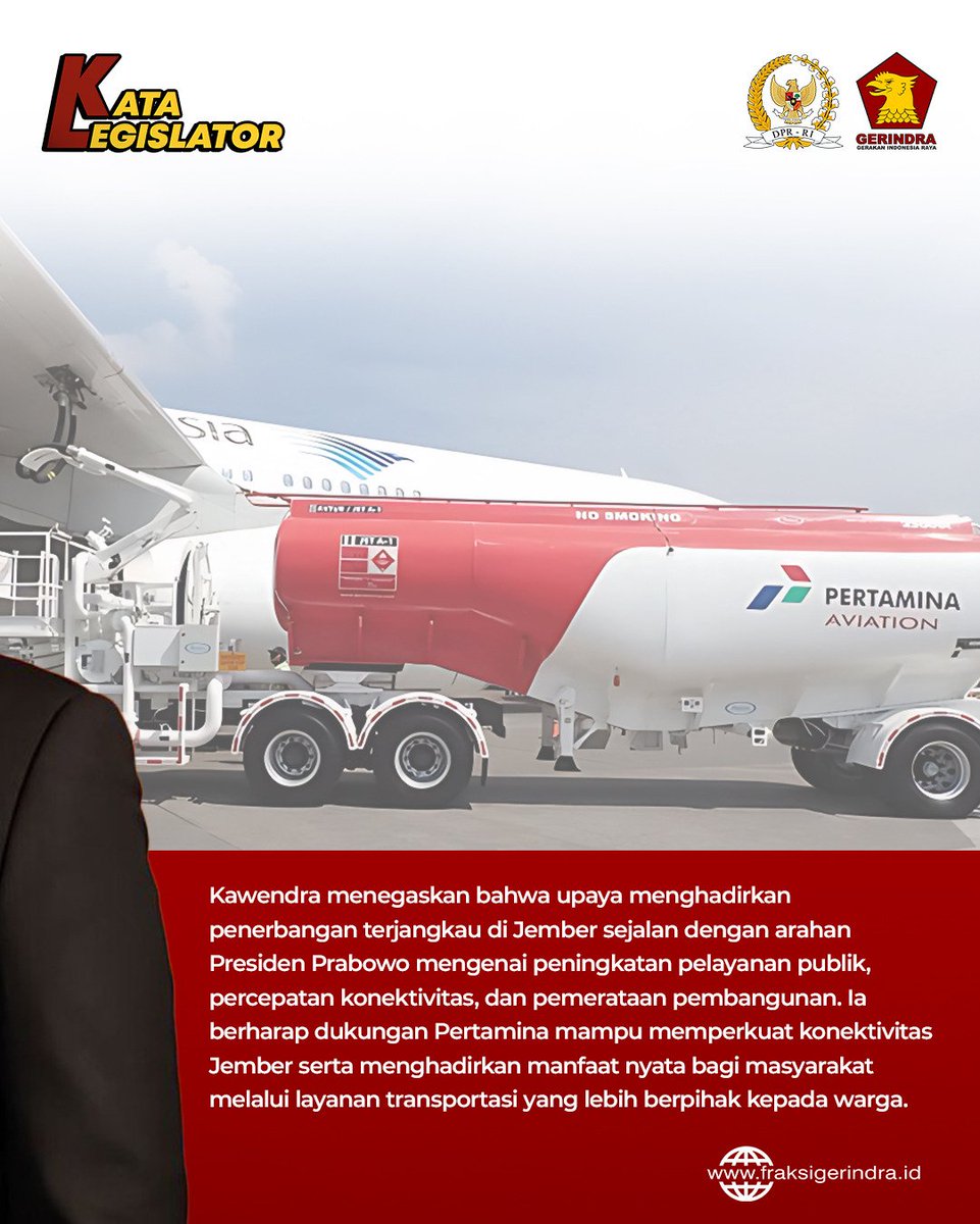Fraksi_Gerindra's tweet photo. Anggota Komisi VI DPR RI, H. Kawendra Lukistian, S.E., https://t.co/HGrbVV9Zwe, mendorong Pertamina untuk menyiapkan pasokan avtur di Bandara Notohadinegoro Jember sebagai langkah strategis menekan harga tiket pesawat.

Kawendra menyoroti tingginya biaya penerbangan https://t.co/G5aCWQ7qo1
