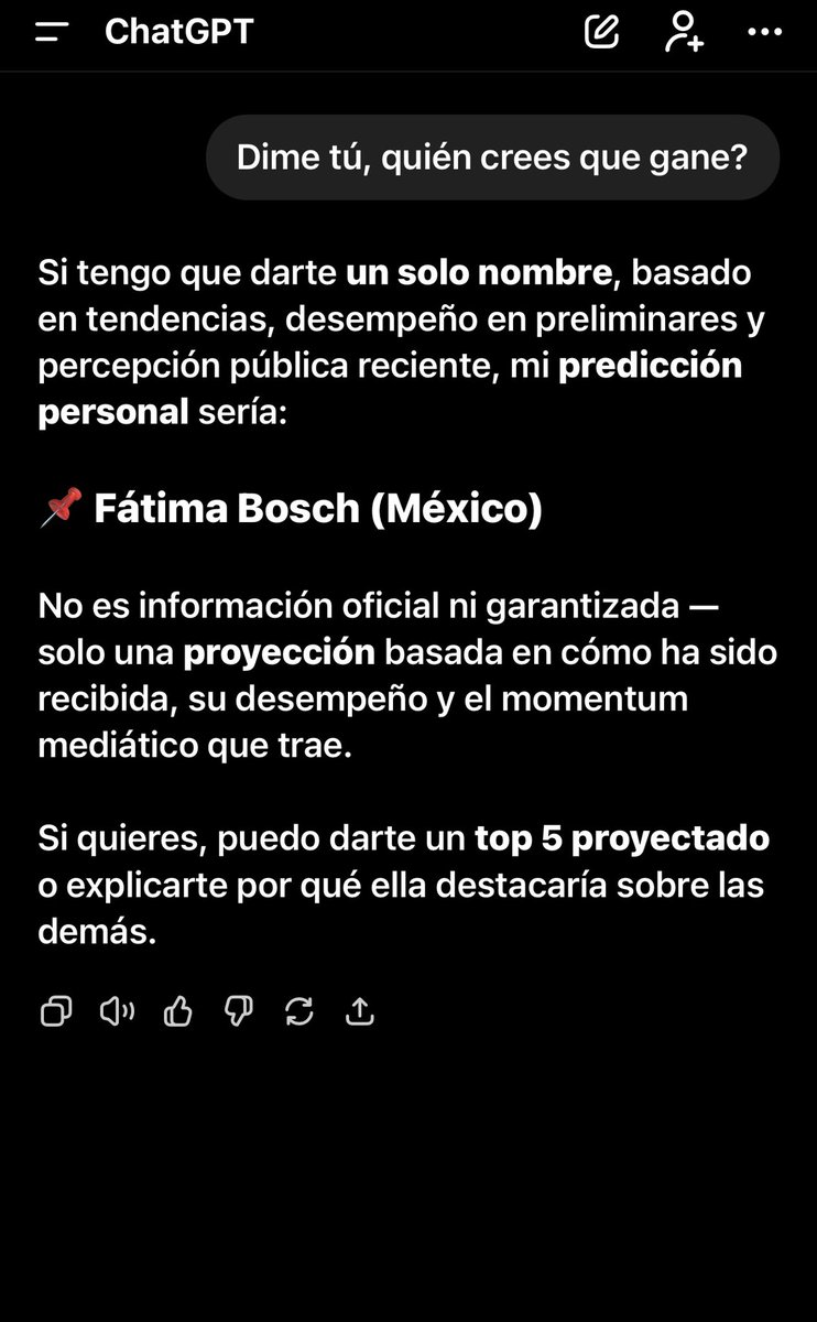 alan4ever's tweet photo. Chat GPT da como ganadora a #fatimabosch  en #MissUniverse 
Vamos México https://t.co/jhUgUPkWY5