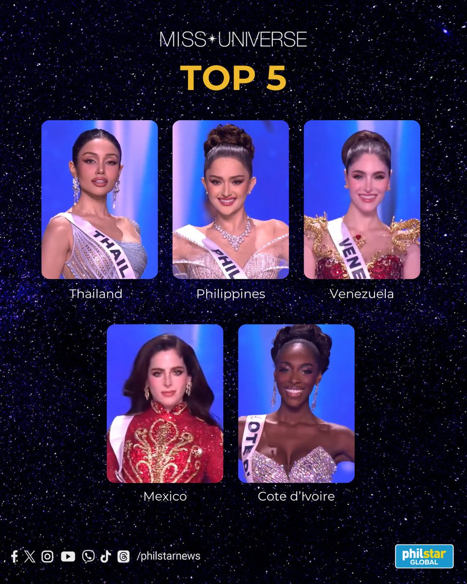 FINAL TOP 5 🌌

Here are the candidates who made it to the Top 5 of the #74thMissUniverse on Friday.

Philippine's Ahtisa Manalo advances to the Top 5.

LIVE updates here: philstar.com/lifestyle/fash…