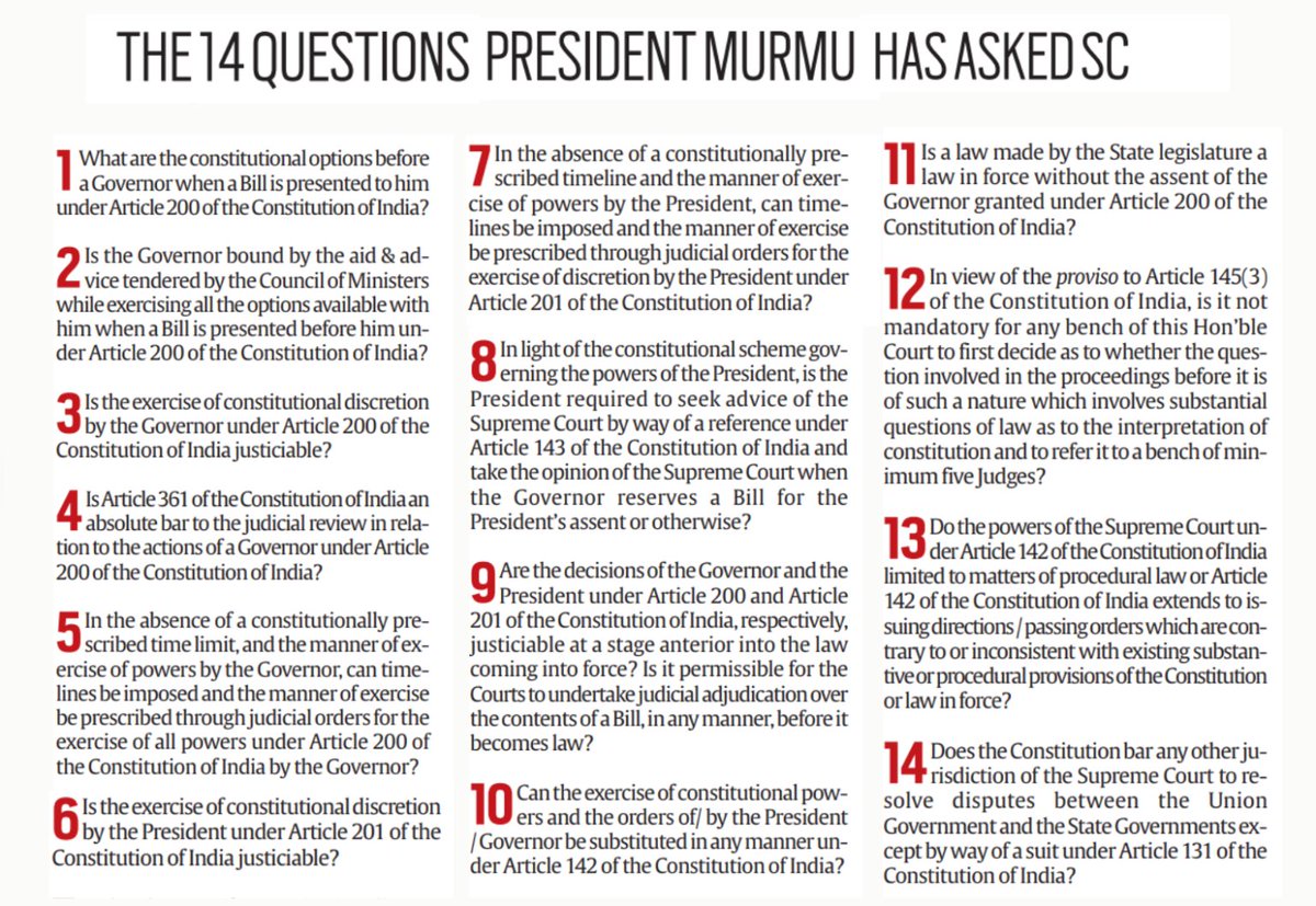 President asked 14 Qs to SC on articles you shall revise here quickly!

Art 131

• Exclusive original jurisdiction of SC in Centre-State &amp; inter-State disputes

• Dispute must involve legal right (water disputes excluded → tribunal)

Art 142

• SC can pass any order/decree