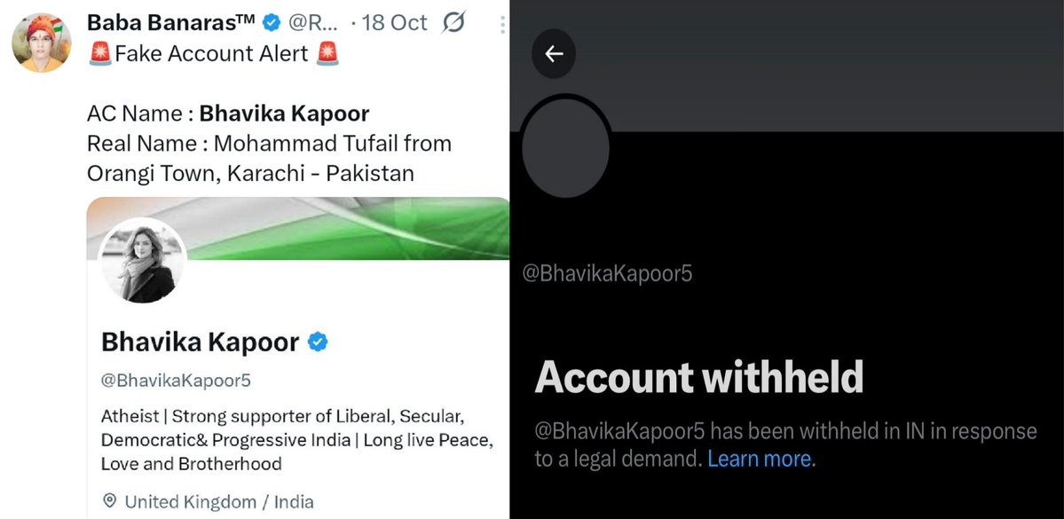 RealBababanaras's tweet image. The X account of Mohammad Tufail from Orangi Town, Karachi, who posed as “Bhavika Kapoor” to pose as a British Indian and spread caste- and region-based hatred among Indians has now been withheld in India.