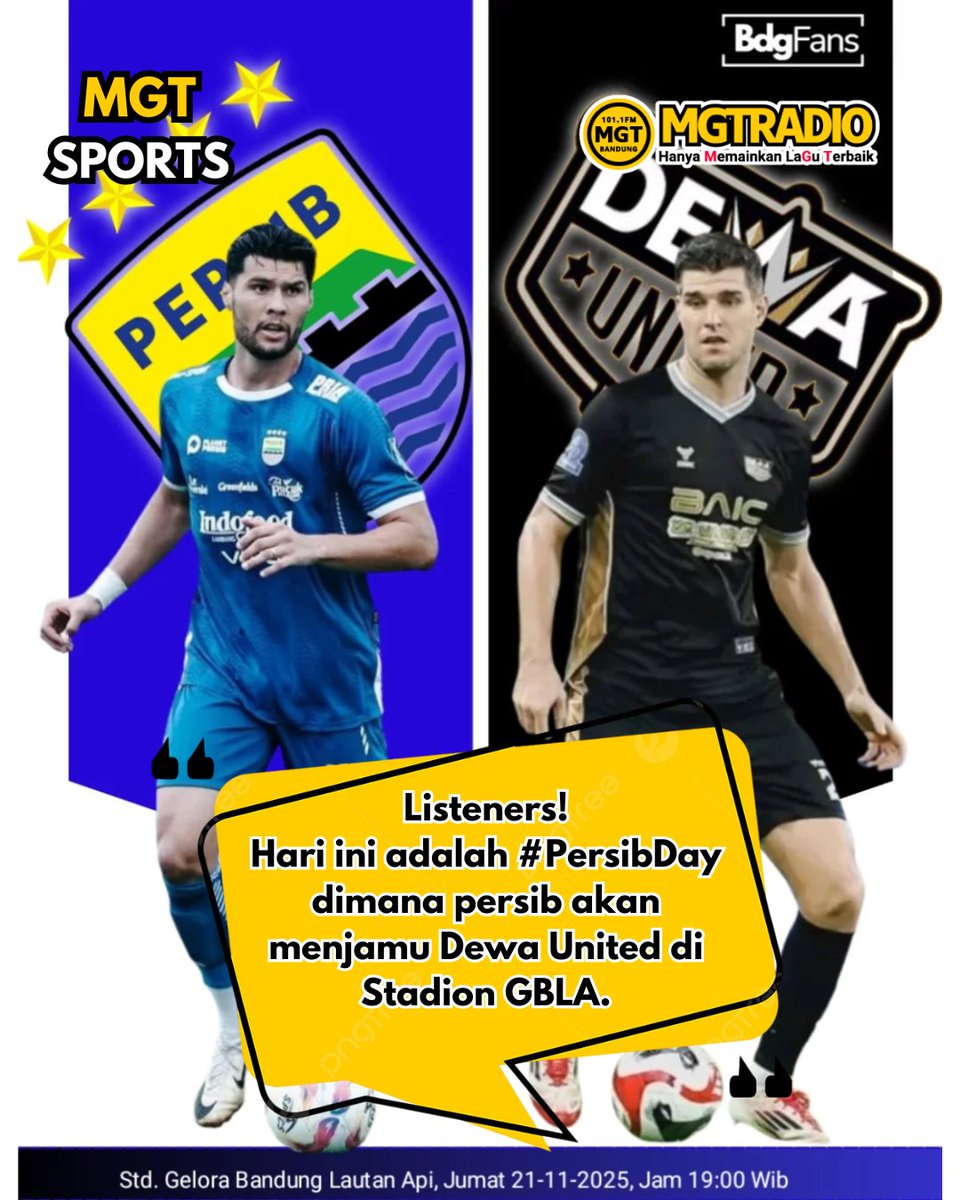 Duel seru bakal tersaji saat Persib Bandung menjamu Dewa United pada laga lanjutan BRI Super League 2025/2026. Duel kedua tim digelar di Stadion Gelora Bandung Lautan Api, Bandung, Jumat (21/11/2025).

📸 _bdgfans
✏️ bola.com
#MGTRADIO #MGTSports #Persib #PERSIBDAY