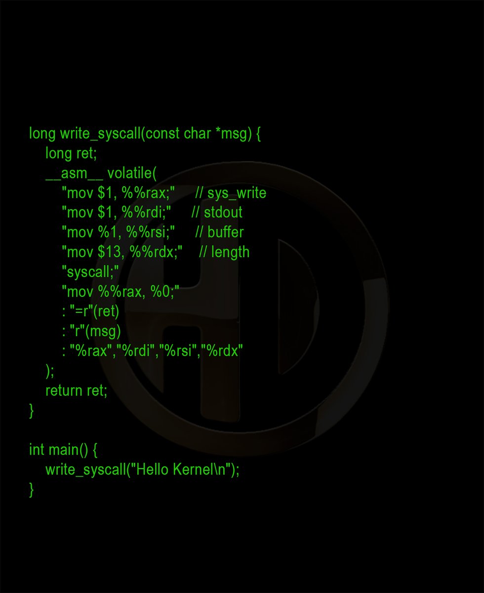 HDTechPRO's tweet image. Experimenting with bypassing libc and calling the kernel directly from C.
Minimalism at its finest -_- no wrappers, no stdio, just pure syscalls.
#CProgramming #Assembly #Syscall #LowLevelCoding #LinuxInternals