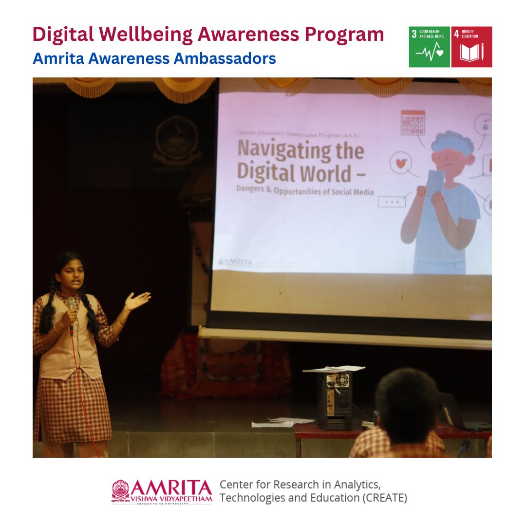 AmritaCreate's tweet photo. As part of #AmritaCREATE’s #AAA (Amrita Awareness Ambassador) Program, a #DigitalWellbeing awareness initiative, was conducted at Amrita Vidyalayam, Mangalore to develop student #leadership &amp; promote responsible #technologyuse.

@AMRITAedu 
@ResearchSdg
@ConnectSDGs

1/2 https://t.co/ipmJoR0Kat