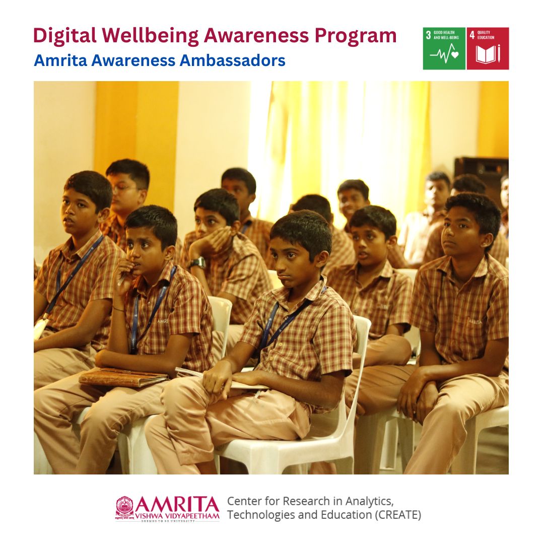 AmritaCreate's tweet photo. As part of #AmritaCREATE’s #AAA (Amrita Awareness Ambassador) Program, a #DigitalWellbeing awareness initiative, was conducted at Amrita Vidyalayam, Mangalore to develop student #leadership &amp; promote responsible #technologyuse.

@AMRITAedu 
@ResearchSdg
@ConnectSDGs

1/2 https://t.co/ipmJoR0Kat