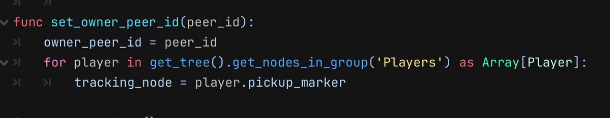 andrewdavisdev's tweet image. Quick godot tip. 

Always wanted to have type hinting inside this loop, just realized I can do `as Array[Player]` and boom! 

`player.   `  now has all the properties right there!

player.pickup_marker was easy to find. Ezypzy

#Godot #GodotEngine #GDScript
