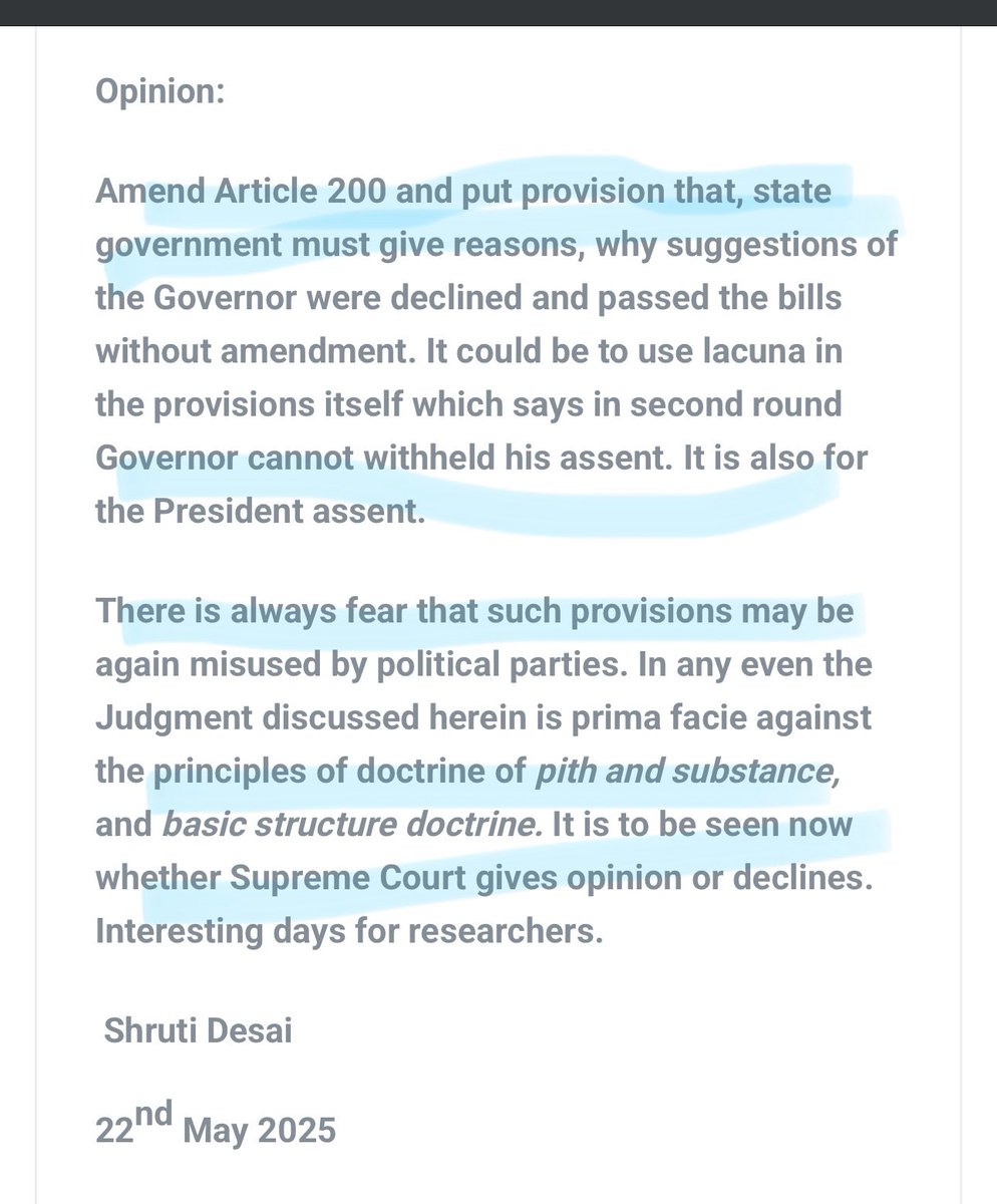 AdvShrutidesai's tweet photo. @narendramodi well with positive judgment of #SupremeCourtofIndia on #presidentialreference now Parliament and Government should think about amending Article 200. Comments of Tamilnadu CM on yesterday’s judgement is vague. https://t.co/CHI3YWf0Dt