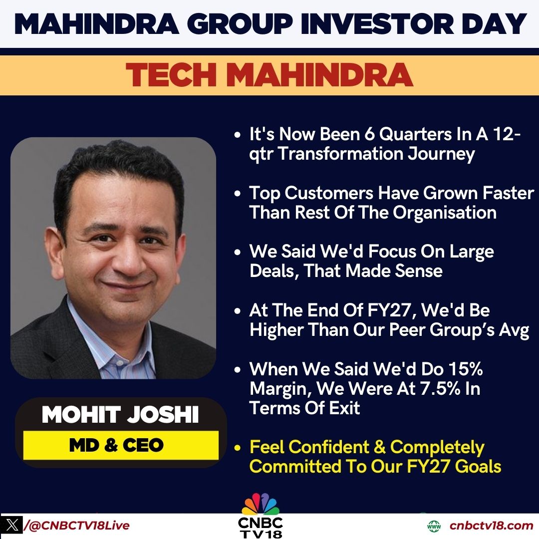 CNBCTV18Live's tweet image. #MahindraGrp Investor Day | &apos;Feel confident &amp;amp; completely committed to our FY27 goals&apos;, says #MohitJoshi of #TechMahindra 

1st part of the journey has been about becoming world-class, #FY30 is going to be about becoming World-beating, he further adds