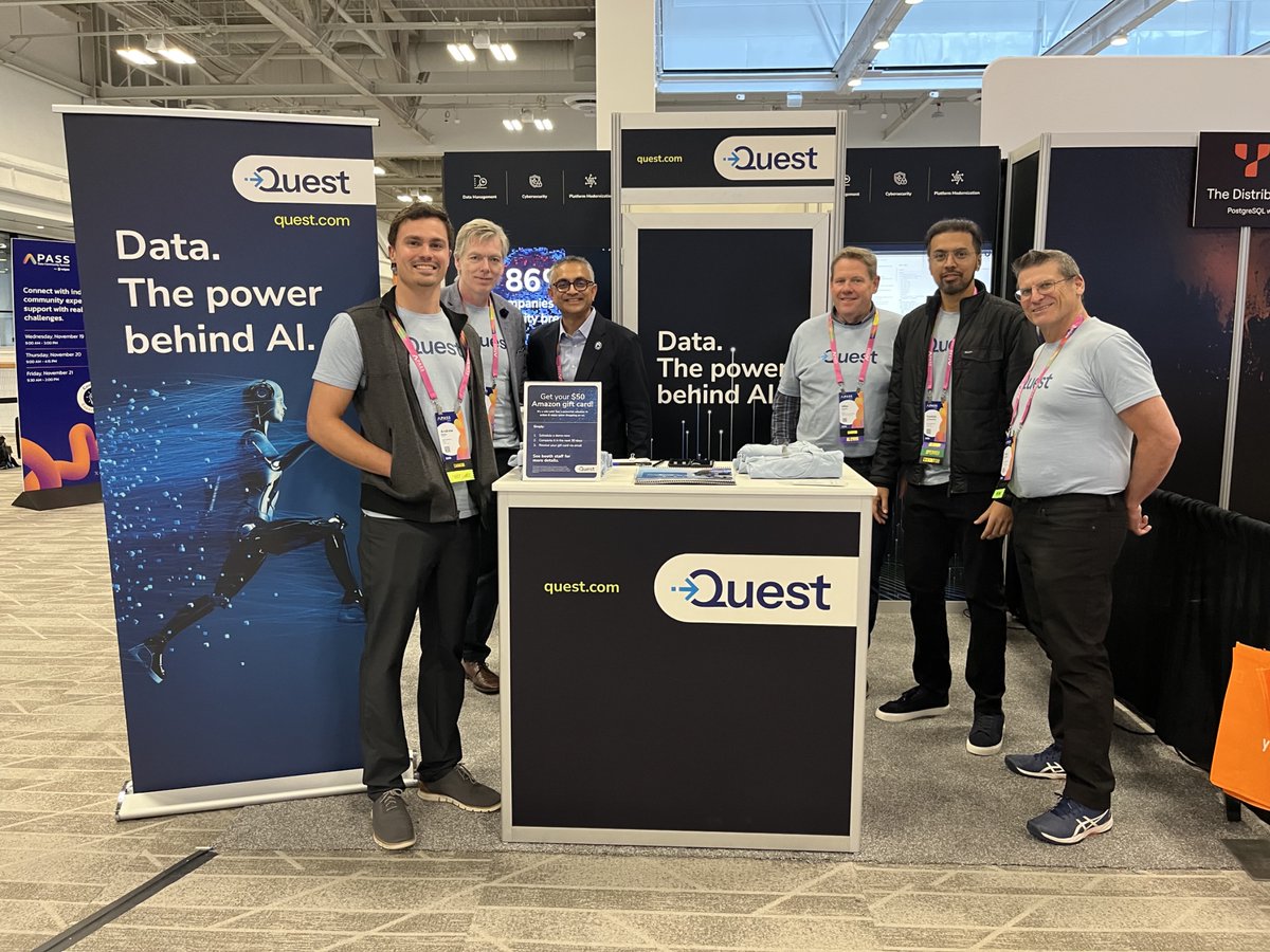 Quest's tweet image. We&apos;re thrilled to be back at #PassDataSummit!

Talking all about how teams can deliver AI-ready data at speed and scale, without sacrificing security or governance.

Can&apos;t think of a better way to wrap up the week!