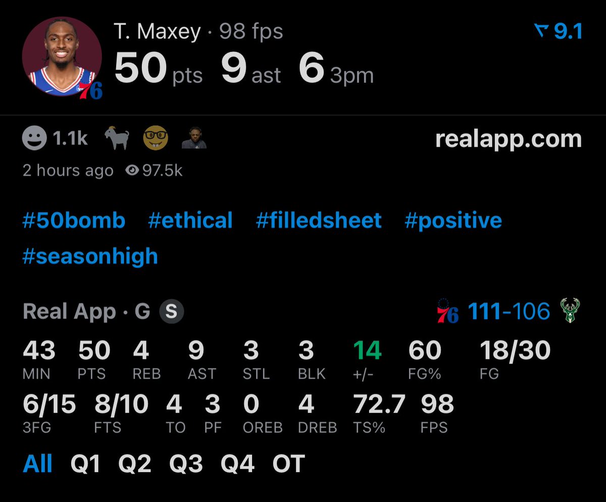 realapp's tweet image. TYRESE MAXEY 50 BALL