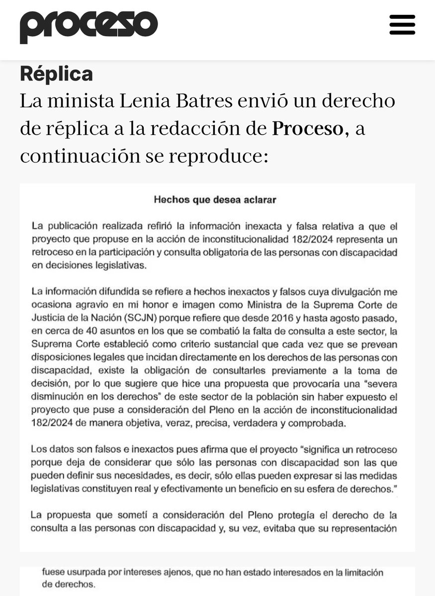 LeniaBatres's tweet image. Derivado de una publicación realizada por Revista Proceso, relacionada con el proyecto que propuse en la acción de inconstitucionalidad 182/2024, ejercí mi derecho de réplica ante la difusión de información inexacta y falsa. 

A continuación, comparto el texto de aclaración y…