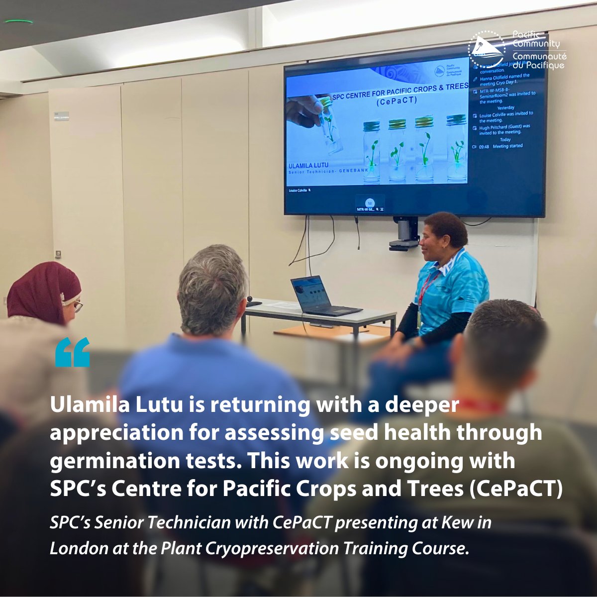 spc_cps's tweet image. SPC’s senior technician at #CePaCT, Ulamila Lutu, joined participants from 10 institutes for a Plant #Cryopreservation training this month. Like many Pacific islanders, they’re all working to protect endangered tree species with cultural and economic value #PacificAgriculture