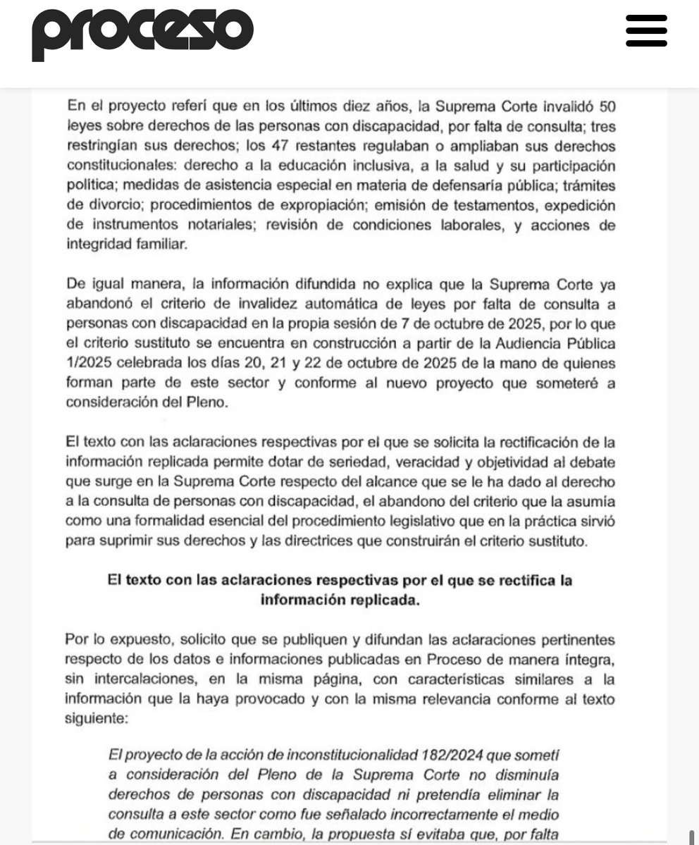 LeniaBatres's tweet image. Derivado de una publicación realizada por Revista Proceso, relacionada con el proyecto que propuse en la acción de inconstitucionalidad 182/2024, ejercí mi derecho de réplica ante la difusión de información inexacta y falsa. 

A continuación, comparto el texto de aclaración y…