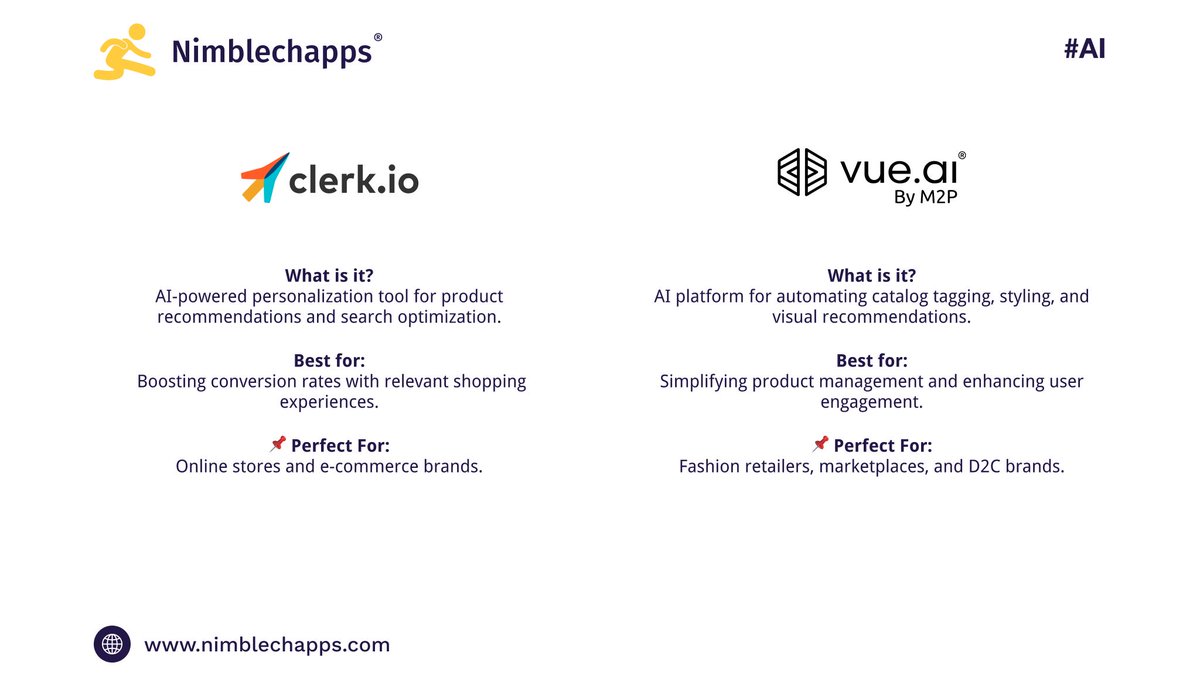Nimblechapps's tweet image. 🛒 AI is transforming e-commerce!

🔹 Clerk .io – Smart product recommendations
🔹 Vue .ai – Automated catalog + styling
🔹 Granify – Predicts shopper behavior in real time

Smarter conversions. Better shopping. 🚀

#AIEcommerce #RetailTech #EcommerceTools