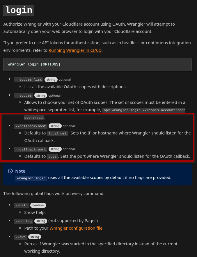 wishee0's tweet image. i thought i was smart to just get wrangler to do the auth for me and just redirect to my own domain with the auth token, but obviously it wont work because it just gives up if it&apos;s not localhost:8976. besides, wrangler login dies if another service is using :8976, anyway…