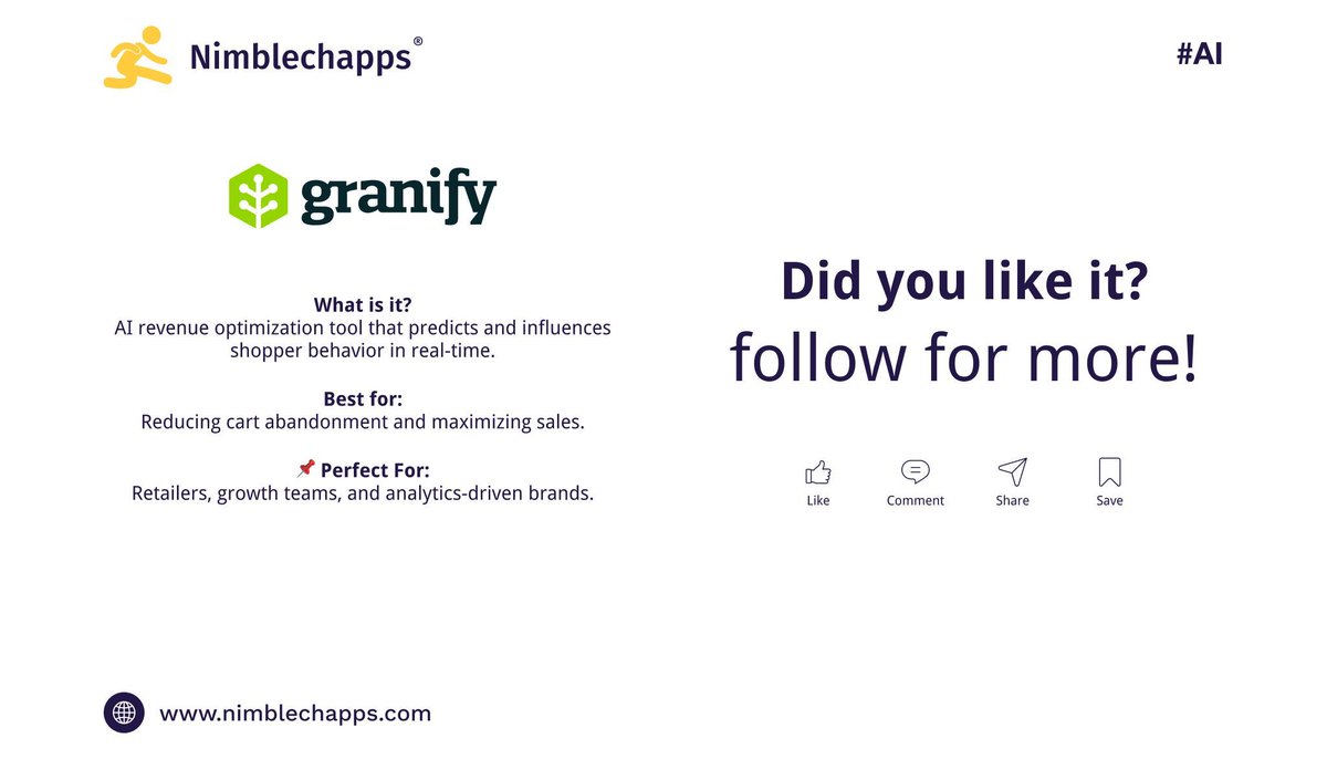 Nimblechapps's tweet image. 🛒 AI is transforming e-commerce!

🔹 Clerk .io – Smart product recommendations
🔹 Vue .ai – Automated catalog + styling
🔹 Granify – Predicts shopper behavior in real time

Smarter conversions. Better shopping. 🚀

#AIEcommerce #RetailTech #EcommerceTools