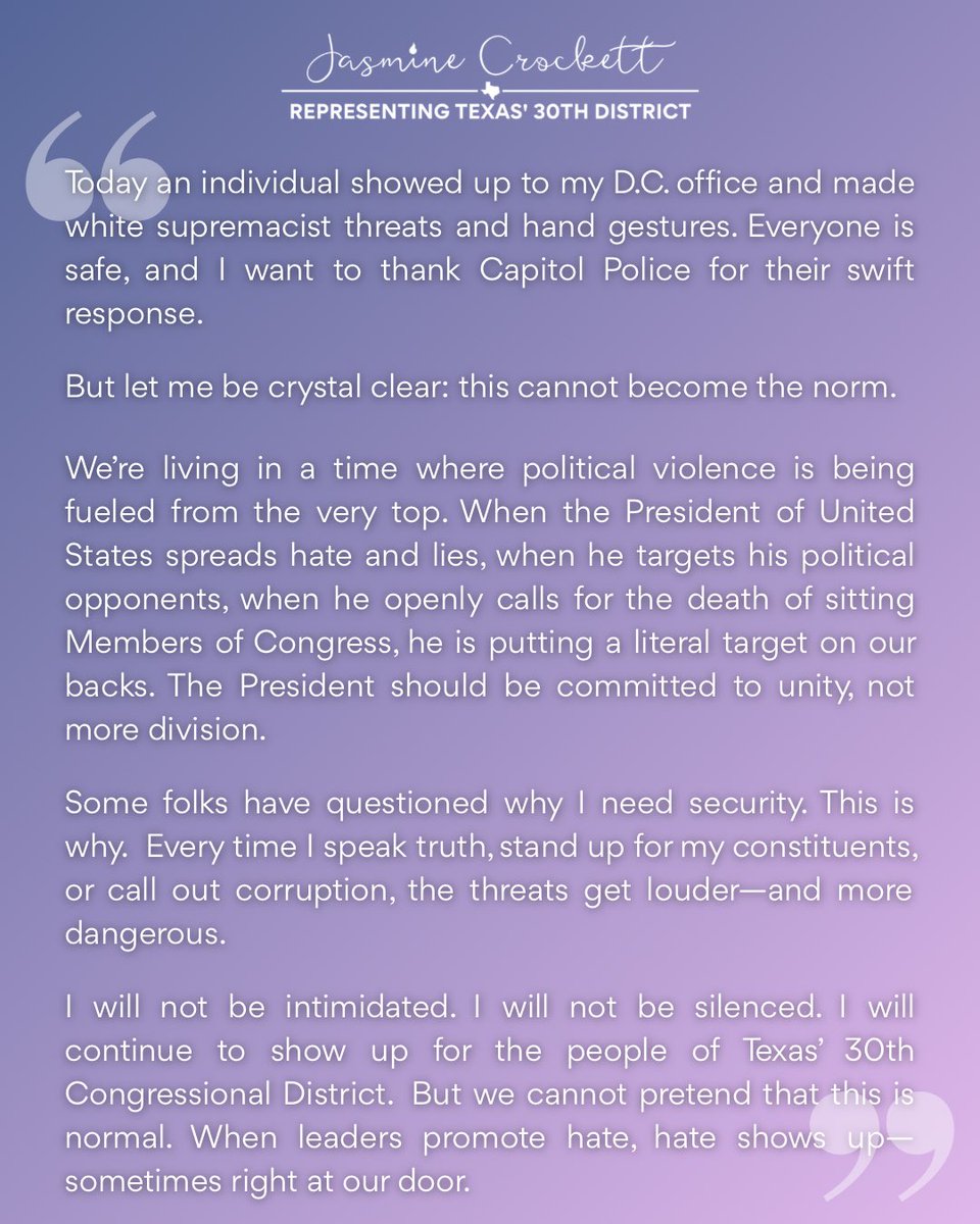 Statement from Rep. Crockett on Threat at D.C. Office