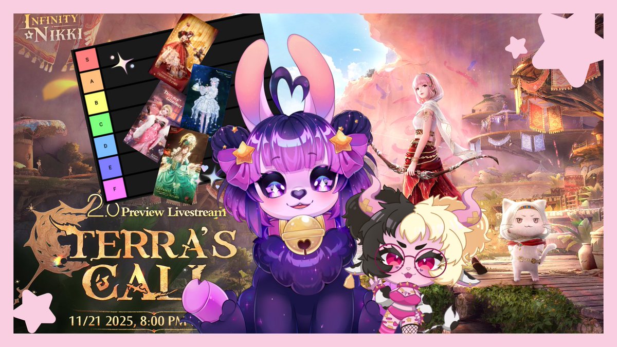 HollyJollyPaca's tweet photo. ⭐️[ INFINITY NIKKI 2.0 + YERO COLLAB STREAM ]⭐️
5pm PST / 8pm EST

Me and @YeroMoo will go back to the tier system and rank our new fav fits after all the updates. Hopefully we can get those done in time for the 2.0 preview stream!! ⬇️ https://t.co/z9d07UgTTi