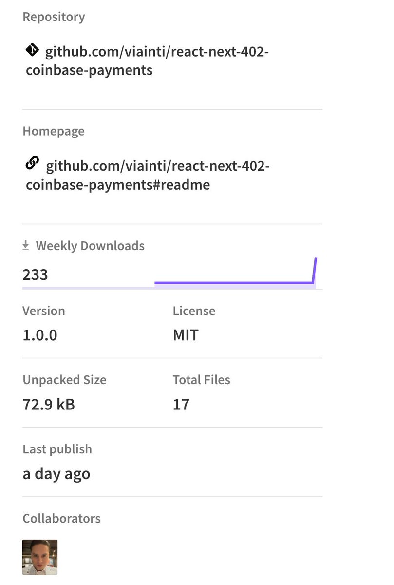 edinsoncode's tweet image. $VIAINTI — our native 402 library and Coinbase-compatible module — has received over 200 downloads and uses in the last 24 hours
