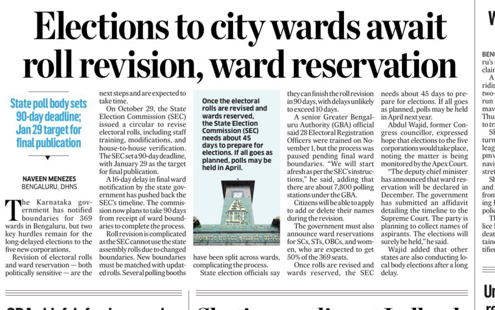 naveenmzs's tweet image. Two major ‘hurdles’ to cross as #Bengaluru awaits long-pending civic body elections  

Revision of electoral roll may take a long time as polling booths have been spilt across multiple wards; reservation of wards is a day’s job but governments like to take it’s own time to decide