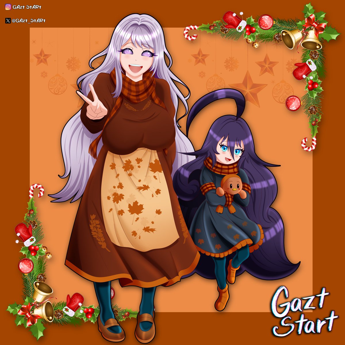 🍂🧣🧸🔔
Con mi vestido de hojas y la bufanda a rayas, hago el ✌️ mientras Lucky aprieta su peluche con esa carita que derrite. A nuestro alrededor, guirnaldas con campanas, bastones de caramelo y bayas abrazan el marco: otoño o primavera en otros lugares estamos en la mesa y la