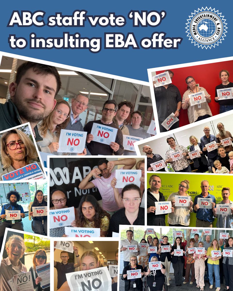 withMEAA's tweet photo. Staff at the ABC have voted to reject management’s insulting EBA offer, which sought to undermine previous wins, stall careers and worsen job insecurity.
MEAA members at the ABC are not only fighting for fair pay and conditions but for the future of the national broadcaster. https://t.co/0AJgNneHsm