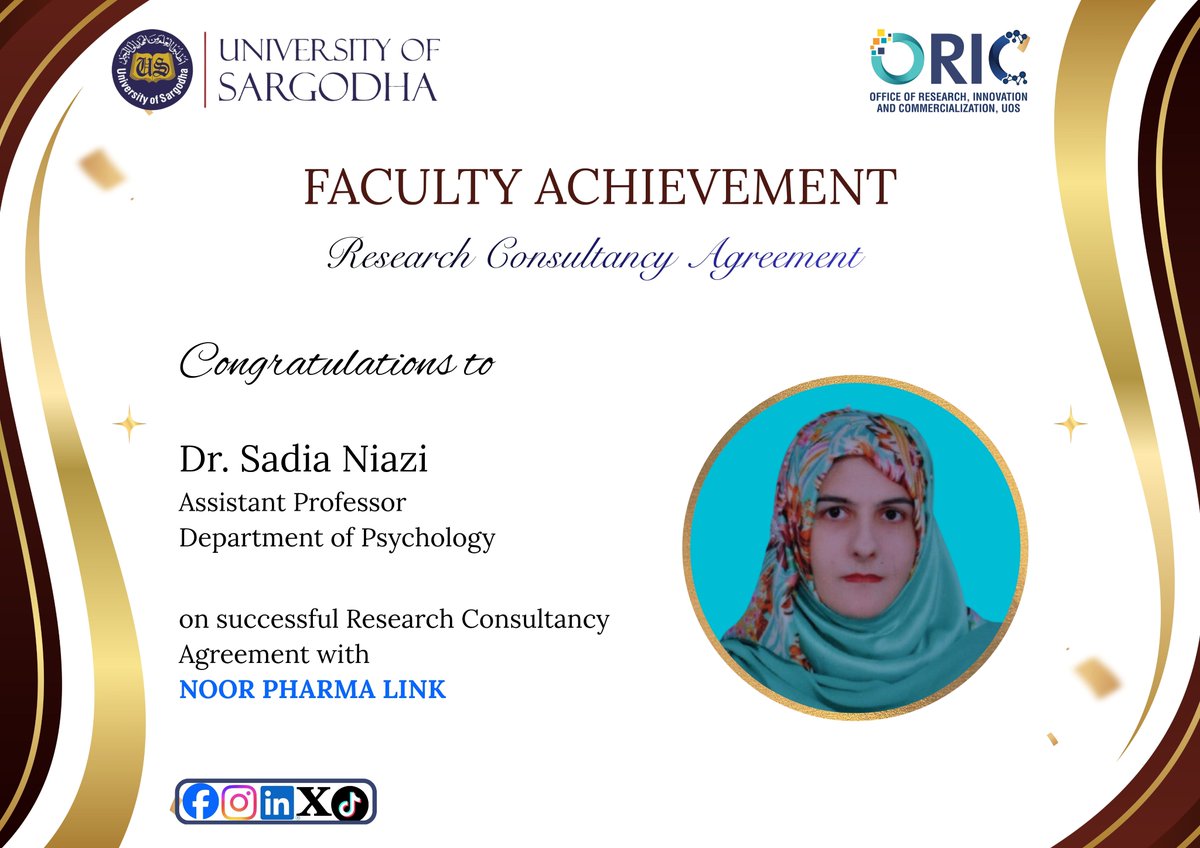 OricUos's tweet photo. Congratulations to Dr. Sadia Niazi, Assistant Professor, Department of Psychology, University of Sargodha on successful signing of a Research Consultancy Agreement with 'NOOR PHARMA LINK'. 
#uosoric #RemarkableJourney #significantcollaboration #facultywork #continuousdevelopment https://t.co/GAsqmGdv5w