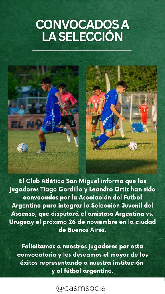 NUEVAMENTE DE SELECCIÓN🇦🇷💚

Tiago Gordillo y Leandro Ortiz fueron convocados una vez más a la Selección Juvenil del Ascenso de cara al amistoso ante Uruguay. 

Gran orgullo para nuestra institución. ¡Felicitaciones, chicos!🇳🇬