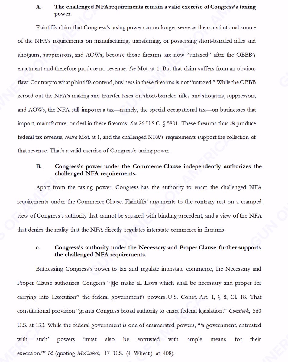 GunOwners's tweet image. 🚨In our Big Beautiful Lawsuit, DOJ claims the:

👎$0 NFA is still a &quot;tax&quot;
👎Commerce Clause gives Congress power over every aspect of American life
👎Necessary &amp;amp; Proper Clause fills in any gaps

@AGPamBondi has just taken the most expansive view of federal power since FDR.
