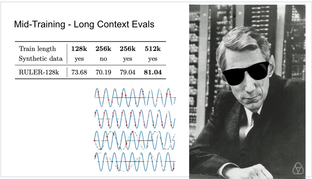 code_star's tweet image. Not for nothing the Nemotron Nano 2 paper also had one of these cool untalked about facts which lead me to make this awesome Claude Shannon meme for a slide once. You need to train at least 2x your desired effective sequence length to get good performance.