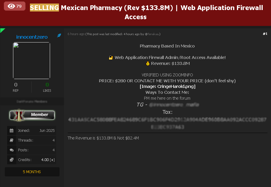 SonoraCiber's tweet image. 🚧🚨¡CIBERALERTA!🚨🚧 El usuario #innocentzero pone a la venta el acceso al WAF (Web Application Firewall) de una  Farmacia con sede en México. Muy probablemente tiene que ver con las vulnerabilidades recientes en Fortinet.
@victor_ruiz
@ivillasenor
@hiramcoop
@HackersOIHEC