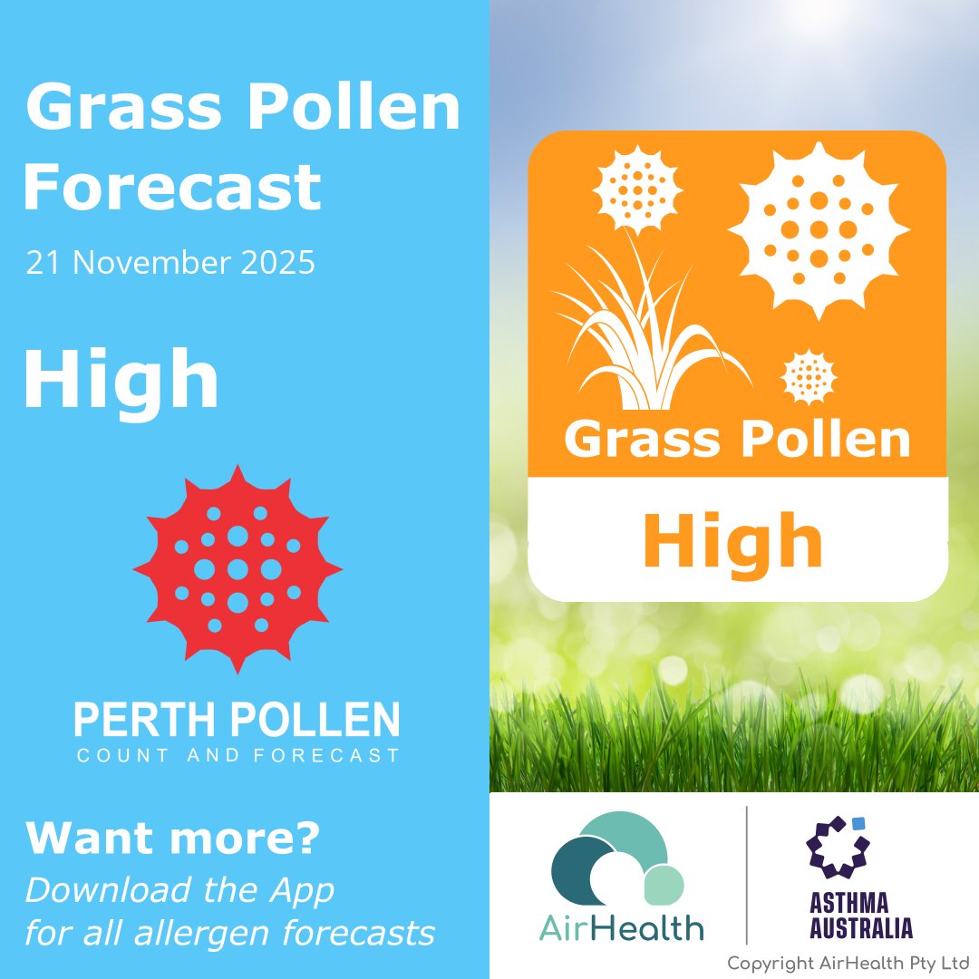 PerthPollen's tweet image. #Perth grass #pollen forecast for today (Friday, Nov 21) is High. Get the App for more pollen forecasts: airhealth.short.gy/perth_pollen

Powered by AirHealth, supported by @AsthmaAustralia.