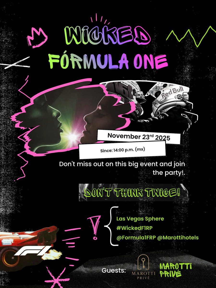 ⠀⠀⠀⠀⠀⠀Formula 1 x Marotti Privé Present:
⠀⠀⠀⠀⠀⠀⠀⠀⠀✨ WICKED PARTY ✨

Queremos anunciar que somos parte de este gran proyecto junto con <a href="/Formula1FRP/">Parody | F1 ᴮᵞ ᴿᴾ</a>. No se pierdan de este evento el día domingo, habrá muchas sorpresas.