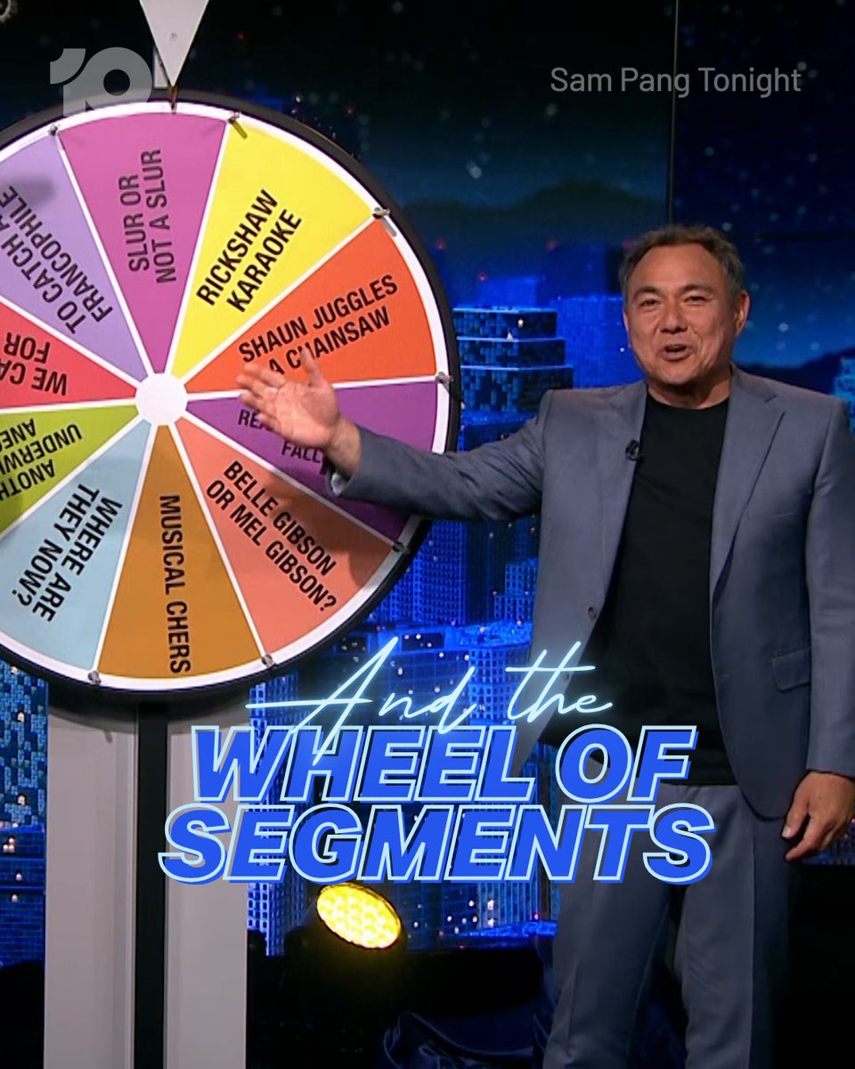 sampangtonight's tweet image. See ya Monday! 👋

⭐Alan Davies
⭐Priscilla Presley
🎙️Tony Martin
🎡Wheel of Segments

#SamPangTonight | 8.40 Monday on @Channel10AU