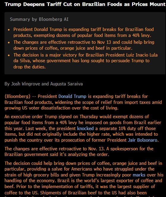 In an unsurprising move President Trump is slashing the 40% import tariff (a 10% tax was cut last week) on Brazilian food imports. This includes beef, coffee, cocoa, orange juice, berries, etc...turns out that taxing food related commodities is actually inflationary. #cattle