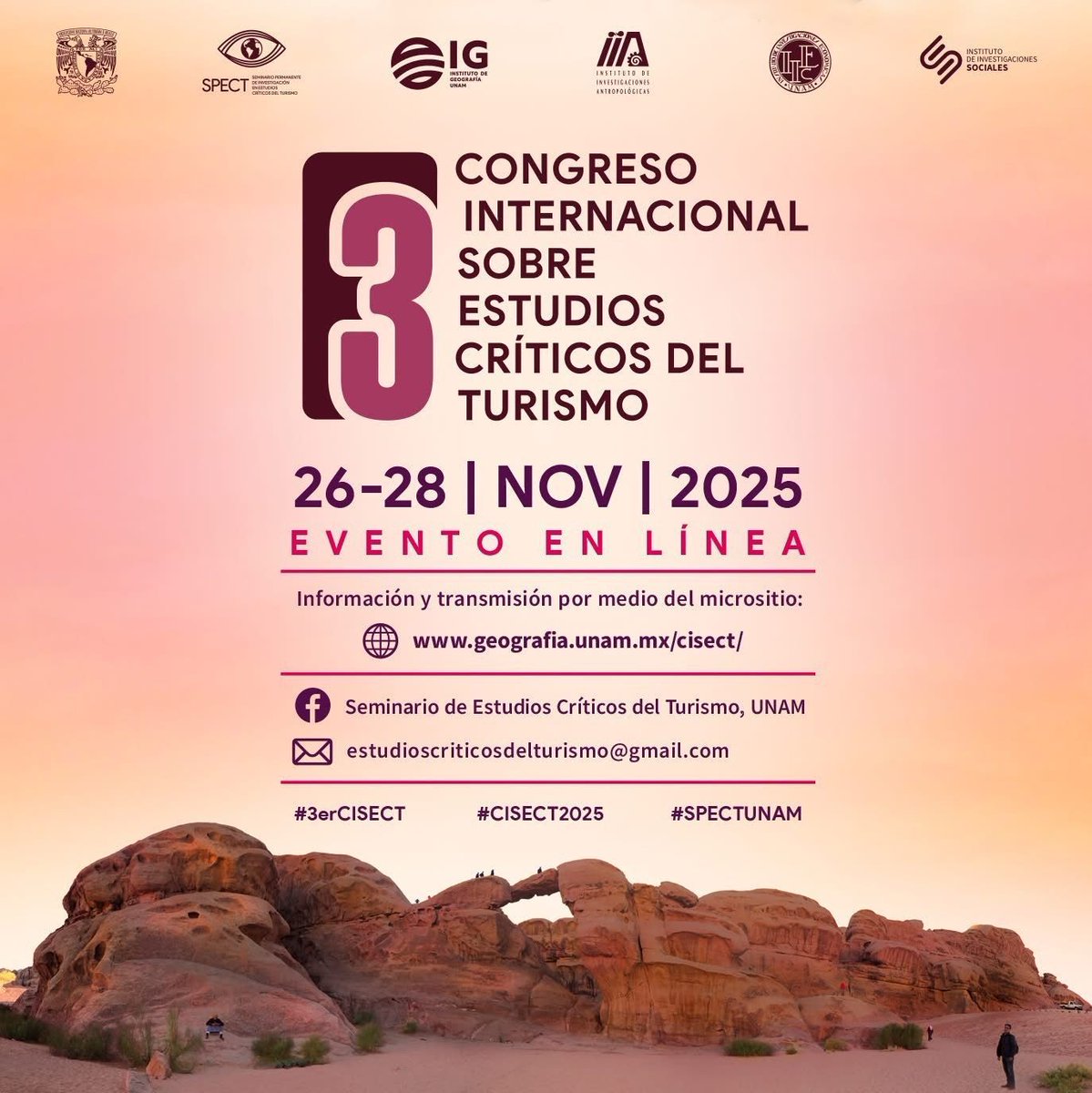 📣¡A pocos días para el inicio del 3er #Congreso Internacional Sobre Estudios Críticos del #Turismo!

💻 Evento en línea
📅 Del 26 al 28 de nov, 2025
🌐 geografia.unam.mx/cisect/

#3erCISECT #CISECT2025 #SPECTUNAM