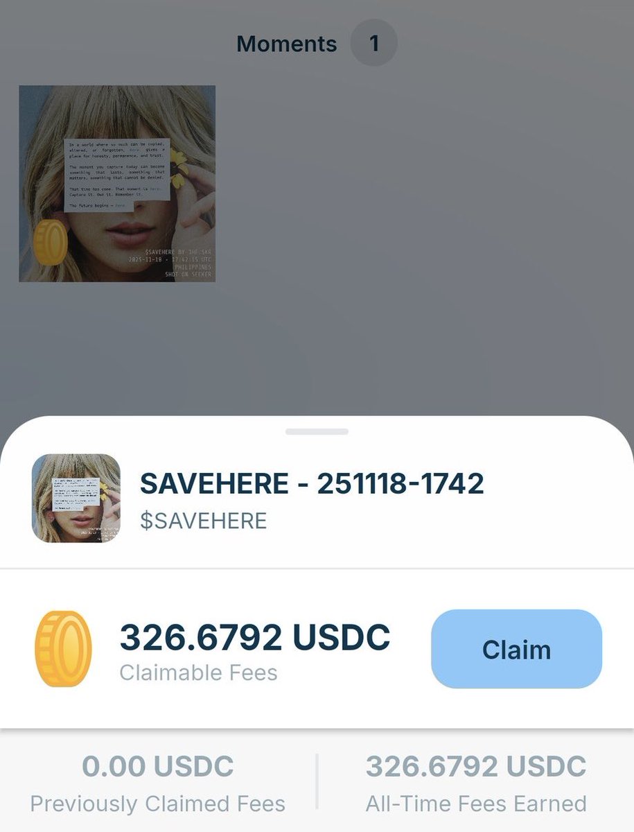 So cool and wild that a photo u capture and mint with <a href="/weareherefun/">here.</a> using <a href="/solanamobile/">Seeker | Solana Mobile</a> can actually earn you fees.

$SAVEHERE : 2YqyWEuXhE9d3GhCbvZat6q7XVdtAwp5yUNvrshqhere

Shoot your shot. 📸 You’re next. 🫡

Also made possible with <a href="/solana/">Solana</a> <a href="/jup_studio/">Jup Studio</a> <a href="/MeteoraAG/">Meteora</a> <a href="/MeteoriteCol/">The Meteorite Collective</a>