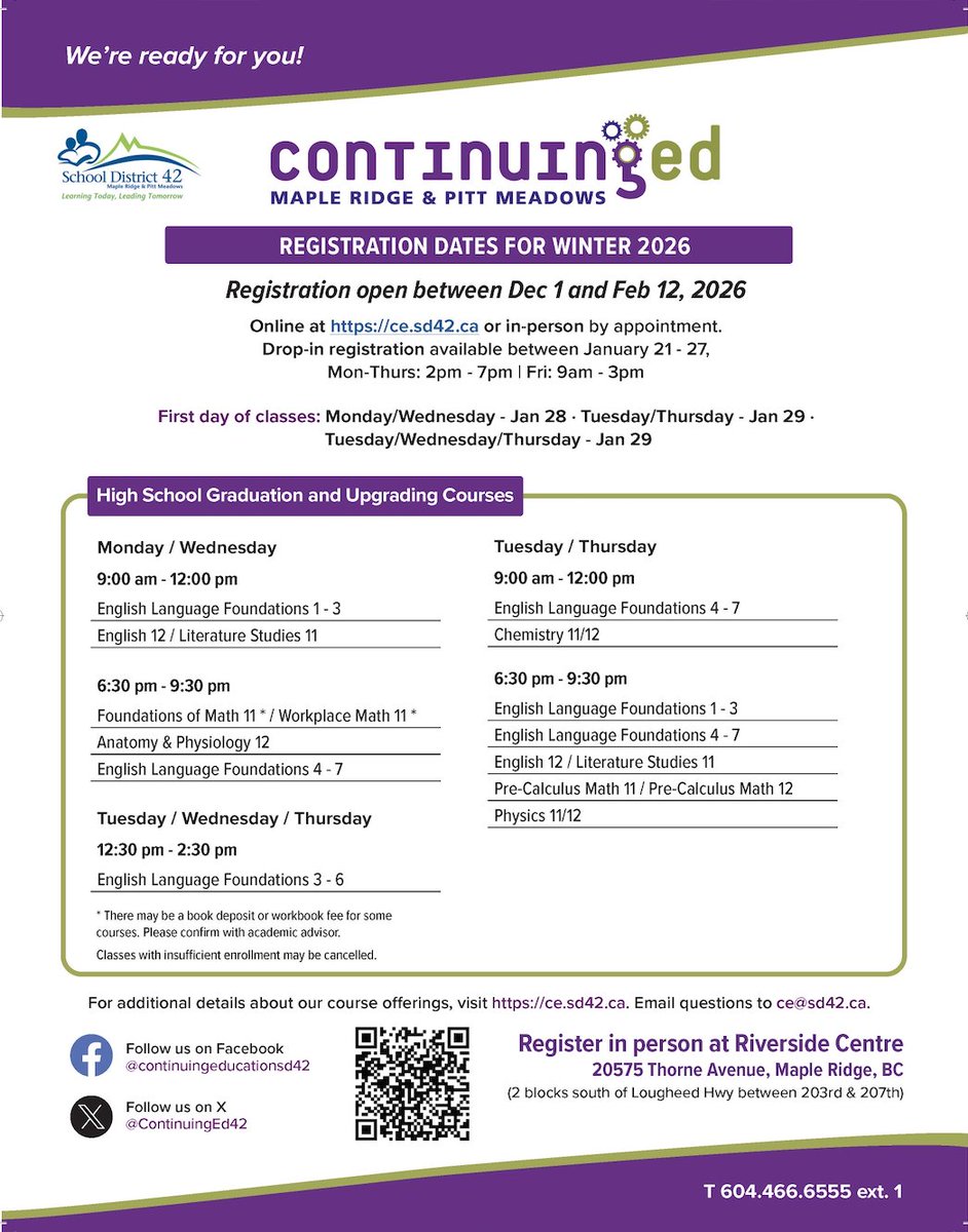 We're ready for you!  Join us for semester 2 classes in January - registration opens December 1 online or in person #upgrade #learnenglish #graduation #upgrade #SD42 #mapleridge #pittmeadows