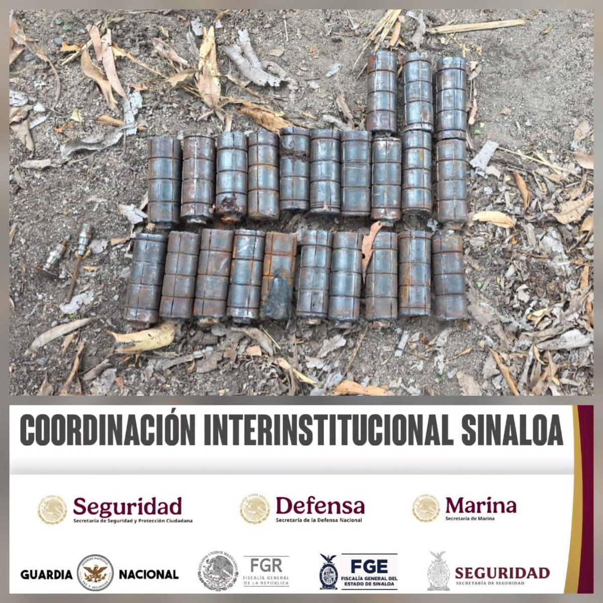 sspsinaloa1's tweet image. Grupo Interinstitucional localiza y destruye 146 artefactos explosivos en San Ignacio

Personal del Ejército Mexicano, en coordinación con la Guardia Nacional, la Secretaría de Marina, la Secretaría de Seguridad y Protección Ciudadana, la Fiscalía General de la República, la…