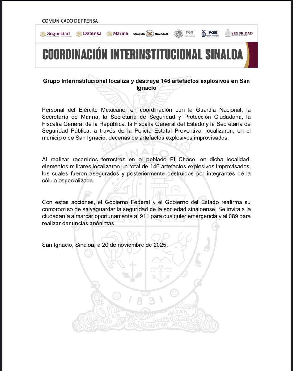 sspsinaloa1's tweet image. Grupo Interinstitucional localiza y destruye 146 artefactos explosivos en San Ignacio

Personal del Ejército Mexicano, en coordinación con la Guardia Nacional, la Secretaría de Marina, la Secretaría de Seguridad y Protección Ciudadana, la Fiscalía General de la República, la…