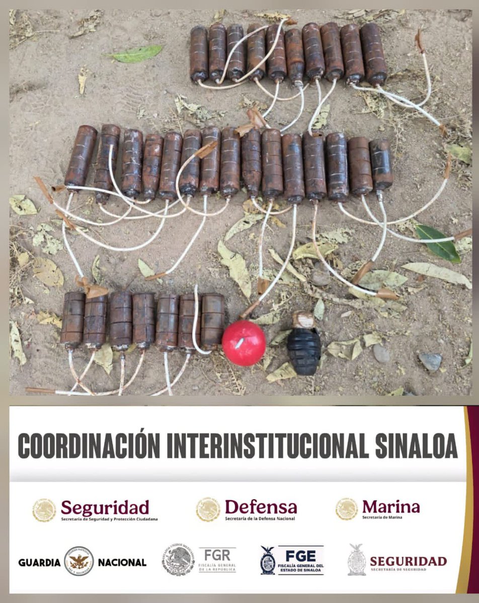 sspsinaloa1's tweet image. Grupo Interinstitucional localiza y destruye 146 artefactos explosivos en San Ignacio

Personal del Ejército Mexicano, en coordinación con la Guardia Nacional, la Secretaría de Marina, la Secretaría de Seguridad y Protección Ciudadana, la Fiscalía General de la República, la…