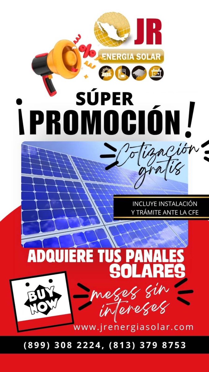Webxpress_top's tweet photo. Super #promocion !!!!!, adquiere tus #paneles #solares (#panelessolares) a meses sin intereses, solo por #tiempolimitado.  Sí!!!!!, #mesessinintereses !!!!!!, solo con JR Energía solar, contacto Jesus Maclovio Gonzalez al 899 308 2224 en #Reynosa #Tamaulipas #mexico #Empresas https://t.co/KN8AvKppjg